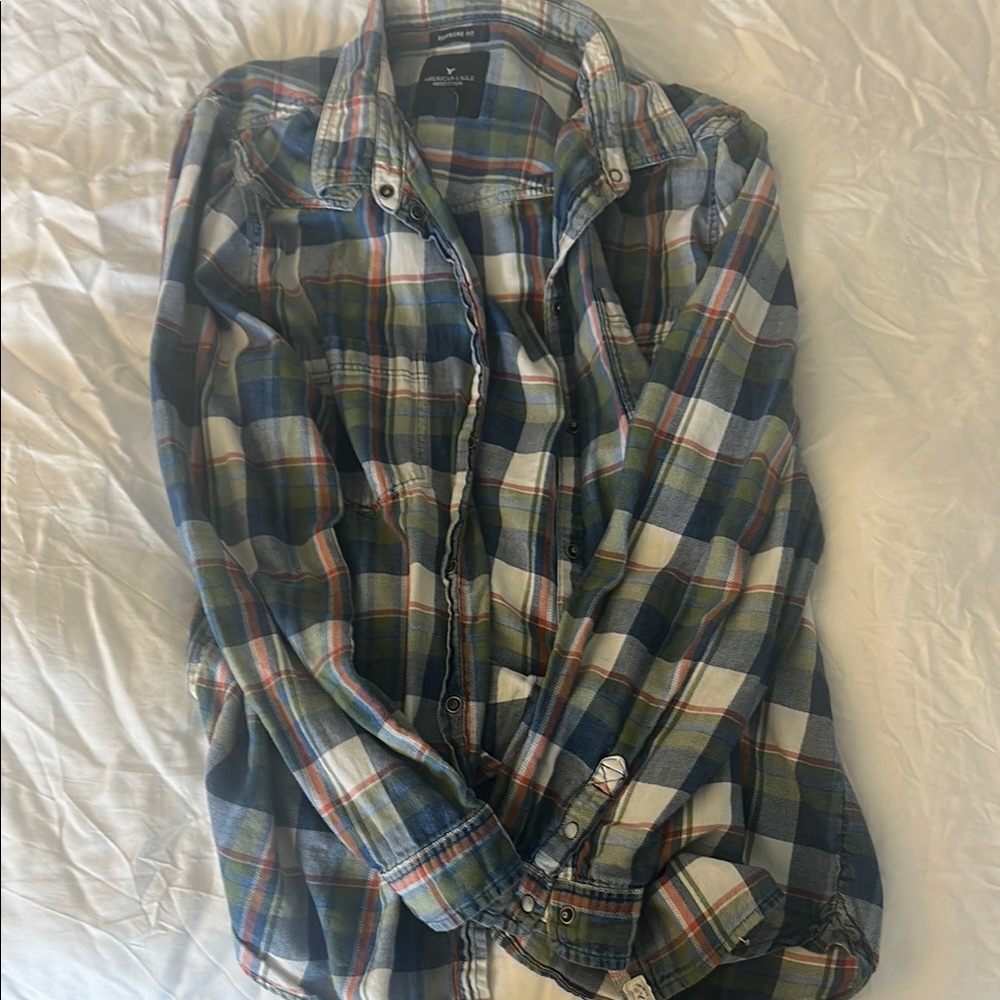 American Eagle Outfitters Blue and Green Casual Button Down Shirt